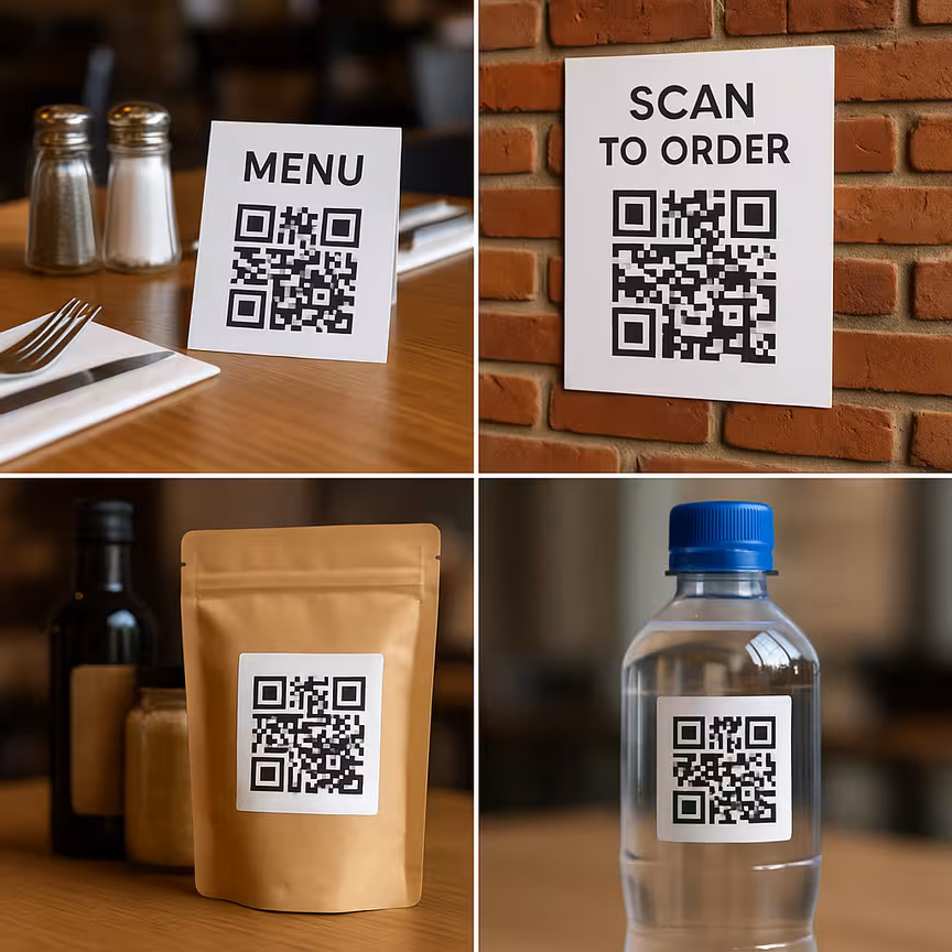 Olika QR-koder på restaurangbord, affischer och produktförpackningar