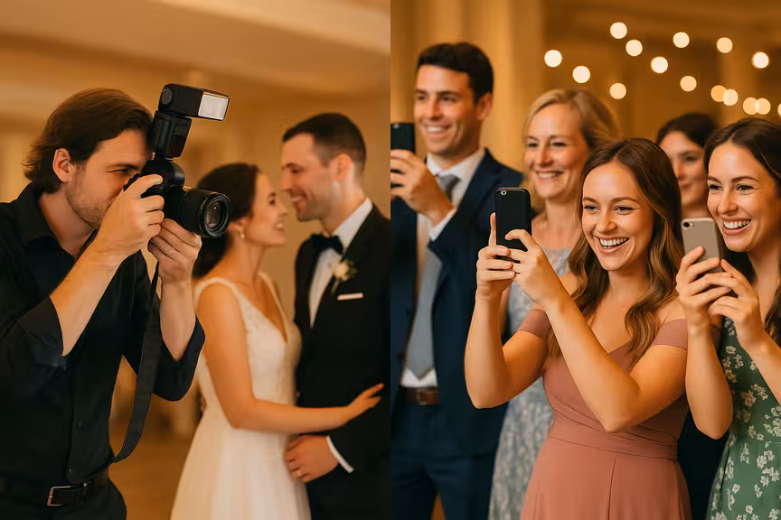 Delad bild som visar professionell bröllopsfotograf till vänster som fångar poserade bilder, och bröllopsgäster till höger som tar spontana foton med telefoner